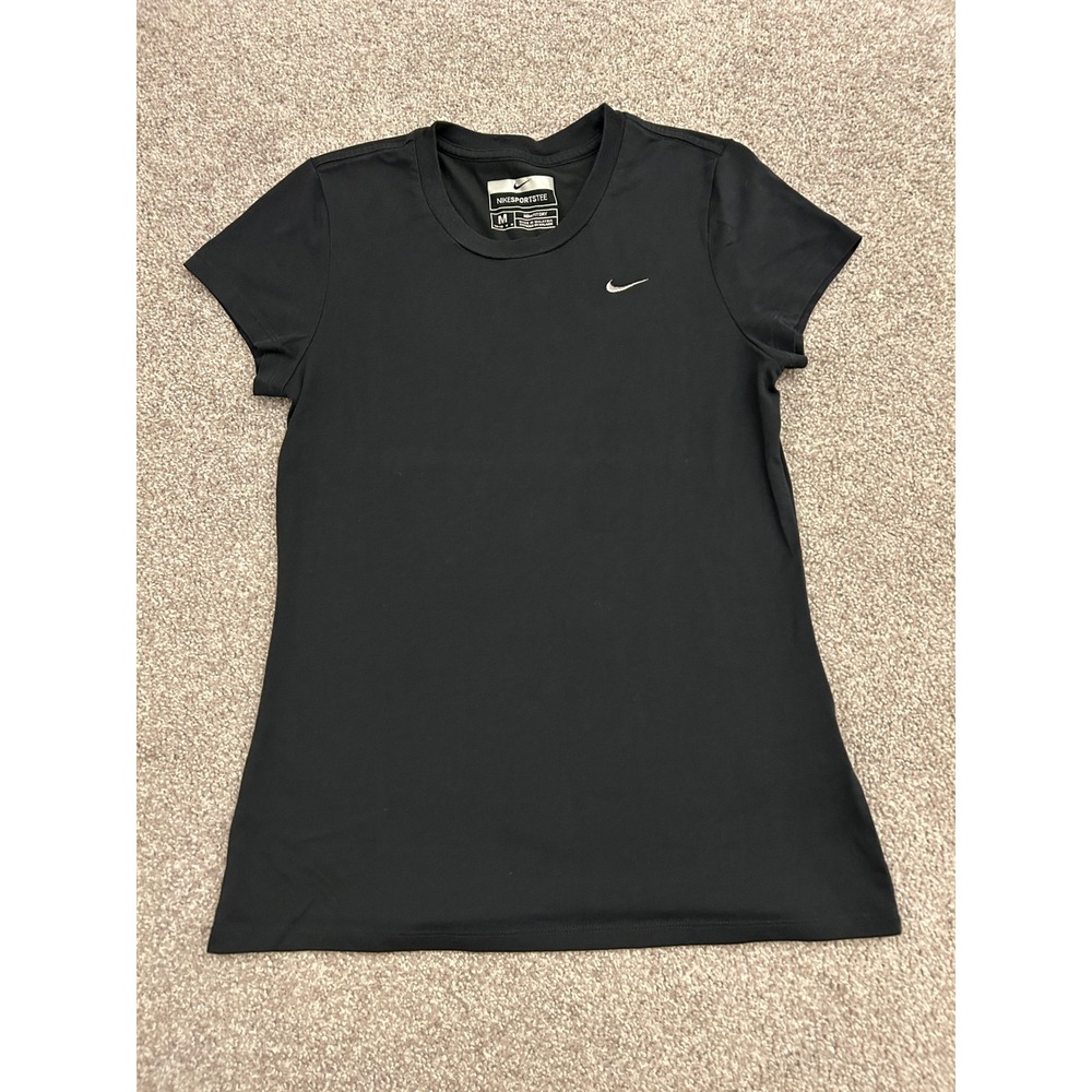 Nike Sport Tee Women Medium Black Excellent Short Sleeve Swoosh Logo Fit Dry